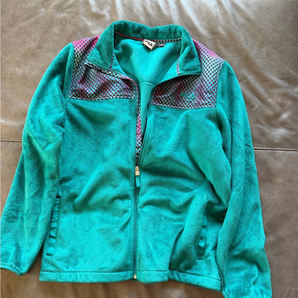 FILA Sport Fleece Jacket Size XL Teal Purple Geometric 90s Y2K Full Zip